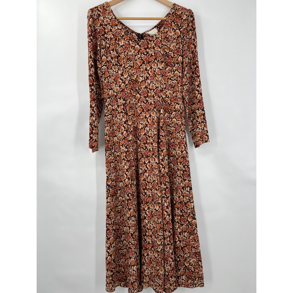 Vintage Floral Fit & Flare Maxi Dress Sz 6 Burgundy Rayon Cottagecore Prairie